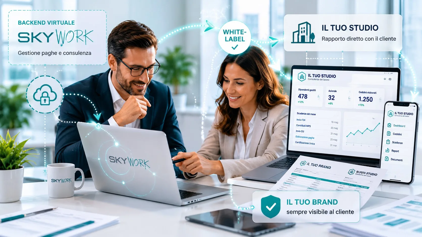 Servizio buste paga white label per commercialisti e studi professionali con piattaforma personalizzata e consulenza del lavoro dedicata