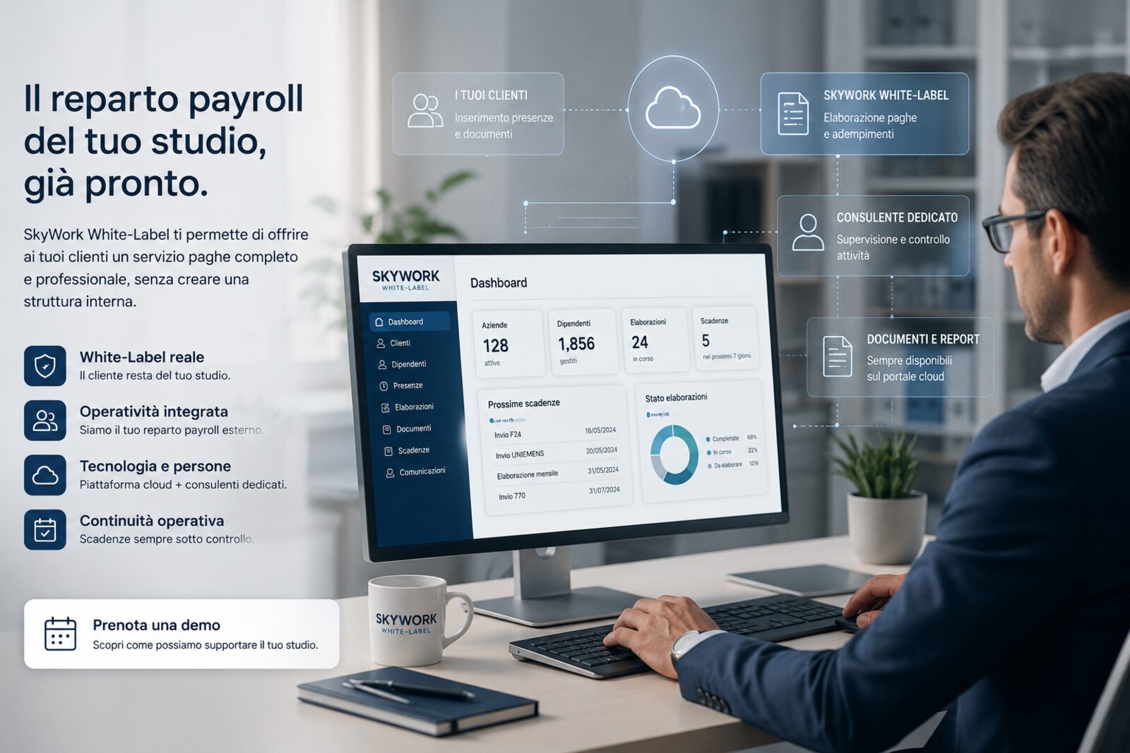 Reparto payroll SkyWork White-Label: consulente, portale cloud e workflow integrato per studi